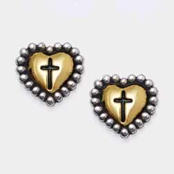 Earring-Studded Heart-Two Tone w/Cross-Rhodium Gold Plated