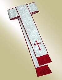 Cassock Band Cincture-40 In-White W/Scarlet Piping & Latin Cross