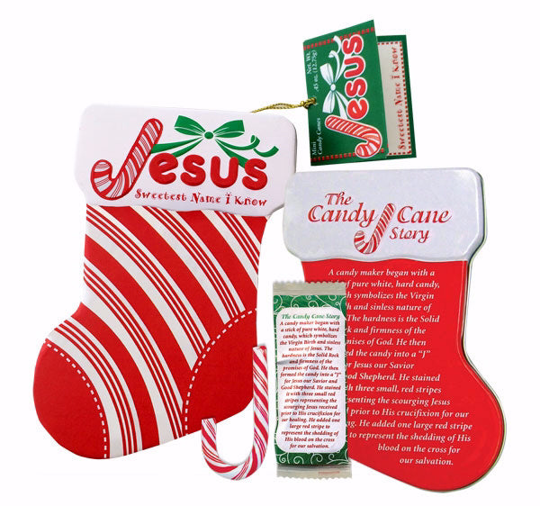 Jesus Candy Cane Stocking Ornament Tin w/Hangtag (15-OCT-18=SOLD OUT FOR SEASON) (Pkg-8)