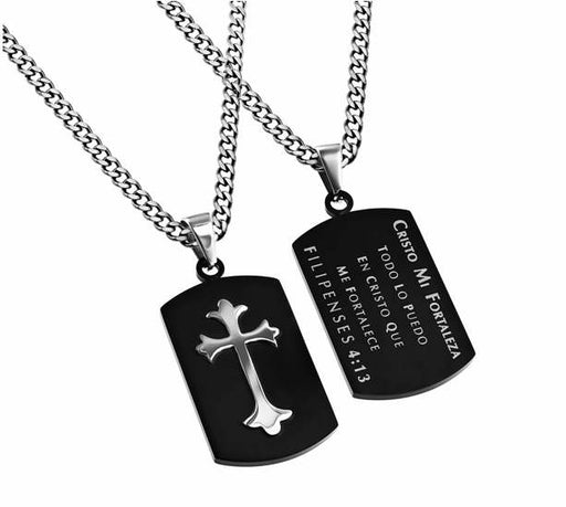 Span-Necklace-Shield Cross-His Strength-Black (Mens)-24" Chain
