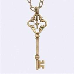Necklace-Large Key w/Cross w/30" Chain-Brass Plated