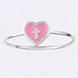 Ring-Pink Heart w/Cross (Ladies)-Stackable (Sterling Silver) (Size 5)