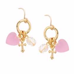 Earring-Cross & Pink Heart-Hoop-Gold Plated