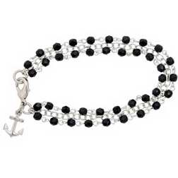 Bracelet-Anchor w/Black Beads On 8" Chain-Rhodium Plated