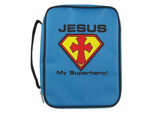 Bible Cover-Kids-Canvas w/Rubber Patch-Jesus My Superhero!-Medium-Blue