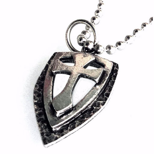 Necklace-Antique Pewter Cross Shield Pendant On 24" Ball Chain