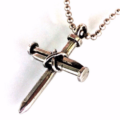 Necklace-Antique Pewter 3 Nail Cross Pendant On 24" Ball Chain