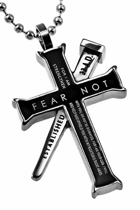 Necklace-Black Established Cross & Nail-Fear Not (IsaiahPsalm 23:4) (24")