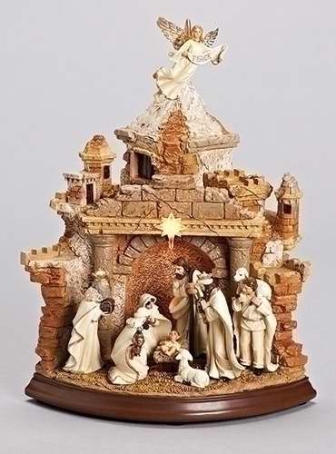 Nativity-LED Nativity w/Holy Family Angel Rotates Over Roof-Musical (10.75")