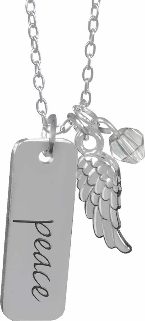 Pendant-Peace Tag w/Angel Wing & Crystal-Silver (20")