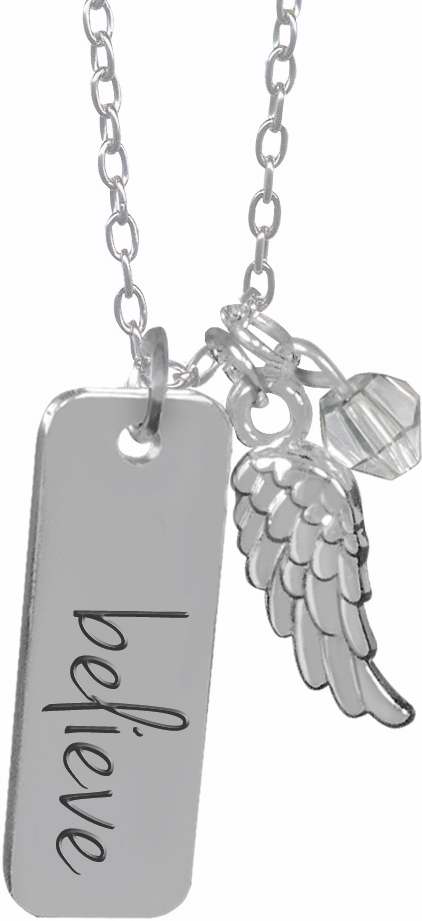 Pendant-Believe Tag w/Angel Wing & Crystal-Silver (20")