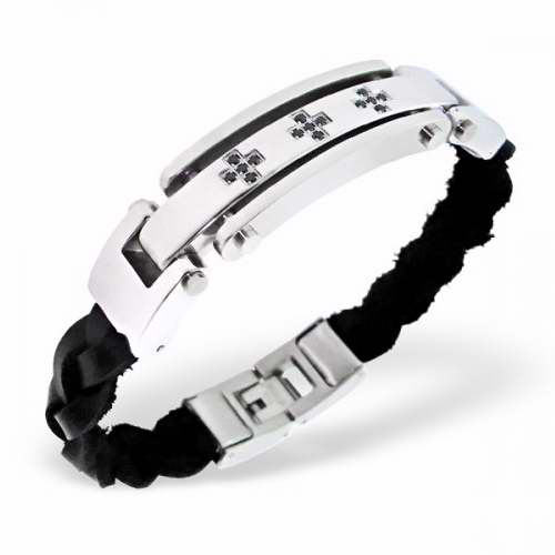 Bracelet-Mens-Triple Cross-Leather Cord w/316l Surgical Grade Stainless Steel