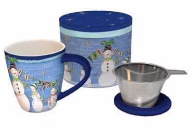 Tea Infuser Mug Set-Glowing Snowman w/Cover & Strainer-Gift Boxed