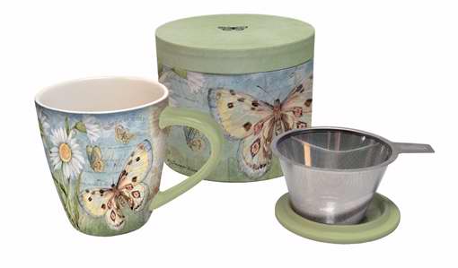 Tea Infuser Mug Set-Butterfly Daisy w/Cover & Strainer-Gift Boxed
