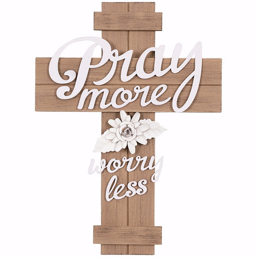 Wall Cross-Pray More, Worry Less-Wood/Metal (14" x 11")