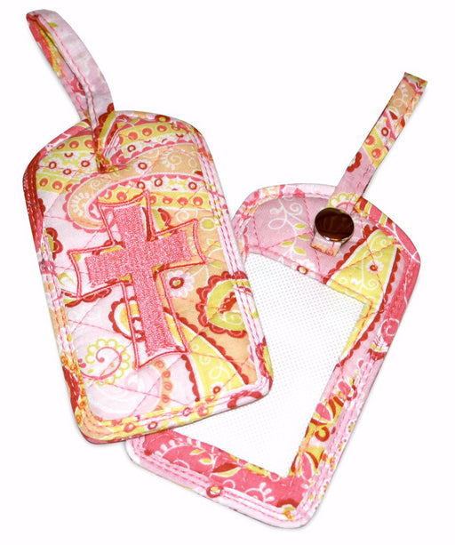 Luggage Tag-Quilted w/Embroidered Cross-Sherbet Colors-(1 Package Of 2 Luggage Tags)