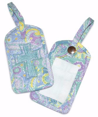 Luggage Tag-Quilted w/Embroidered Cross-Sea Glass Colors-(1 Package Of 2 Luggage Tags)