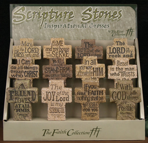 Display-Scripture Stone Cross (4") (Standing) (Pack Of 24/2 Of Each Style) (Pkg-24)