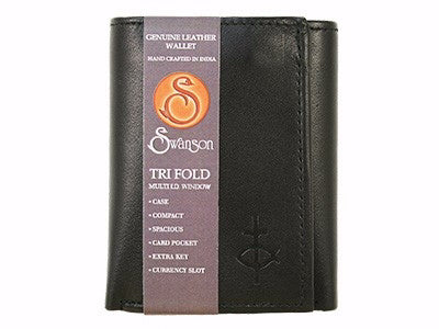 Wallet-Leather TriFold w/Flap & Cross/Fish-Black