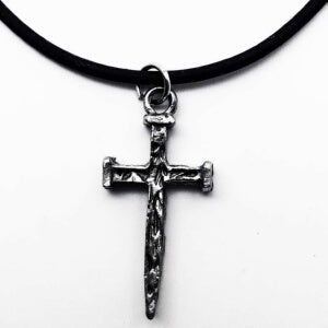 Pewter Nails Cross On Black Rubber Neckla Necklace