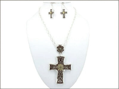 Necklace Earring Set-Large Cross Medallion-Two Ton