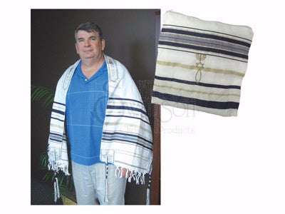 Tallit-New Covenant Prayer Shawl-White w/Gold & Dark Blue Threads (72" x 22")