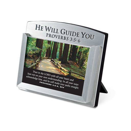 Scripture Card Holder-He Will Guide (Proverbs 3:5-6)-Pewter (#30001)