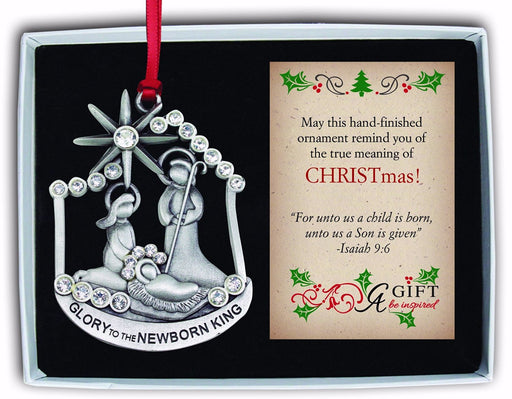 Ornament-Glory To the Newborn King Nativity w/Crystals-Silver (Approx 2.5" x 3")