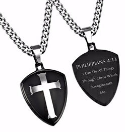 Black R2 Shield Cross-Christ My Strength Necklace (Mens)-20" Chain