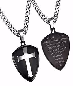 Necklace-Black R2 Shield Cross (John 3:16) (24" Chain)