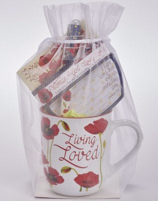 Gift Set-Woman Of God/Living Loved-Mug w/Pen & Notepad In Sheer Gift Bag (Jer. 31:3 KJV)