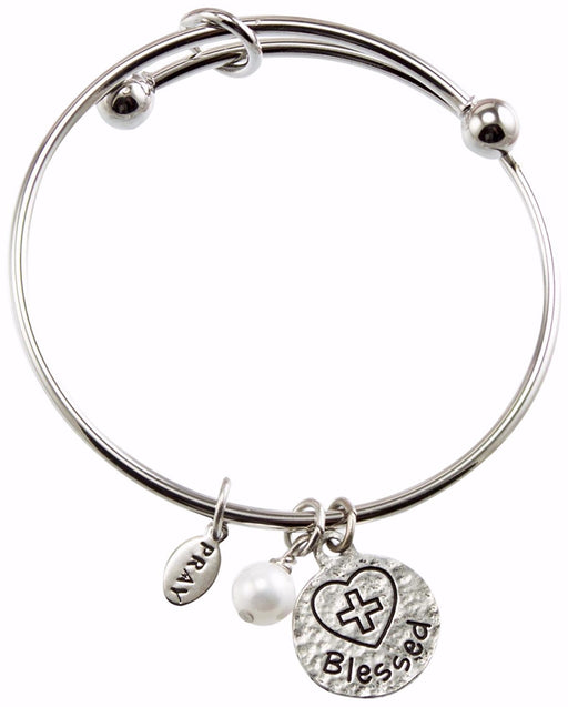 Bracelet-Adjustable Silvertone Bangle w/Blessed Charm & Dangling Pearl