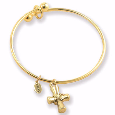 Bracelet-Bangle-Matte Gold Wire Wrapped Cross Charm w/Adjustable Wire-Gift Boxed