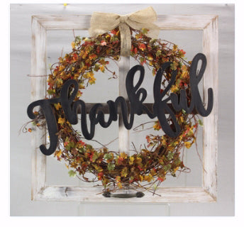 Wall Window Pane-Thankful w/Wreath & Bow (20 x 20)