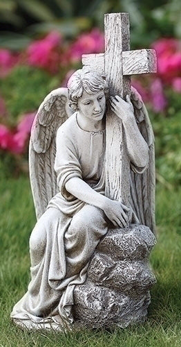 Garden Figurine-Seated Male Angel w/Cross (13")
