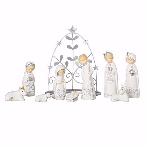 Nativity Set-9 Piece Bisque-White/Silver (9.5")