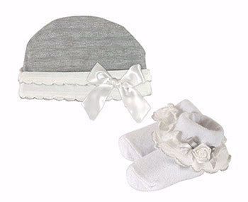 Shimmer Cap & Sock Set-Gray w/Cream Ruffle & Silver Accents (0-6 Mo)