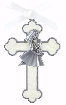 Cross-First Communion-Silver Plate-Girl (3.5"H)