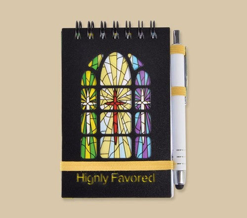 Purse Pal Notebook-Stained Glass-Highly Favored w/Pen & Band Closure/Plastic Cover
