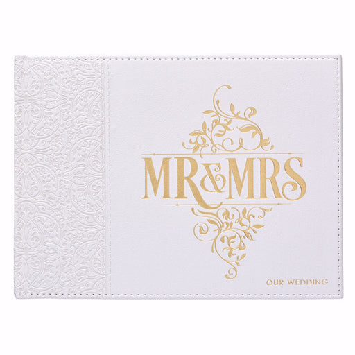 Guest Book-Wedding w/Gift Box-White LuxLeather-Mr. And Mrs. (8.25" x 6")