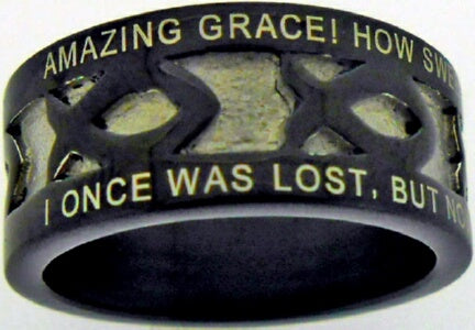Ring- Black Stainless Steel-Amazing Grace-Icthus-Style 394-Size 8