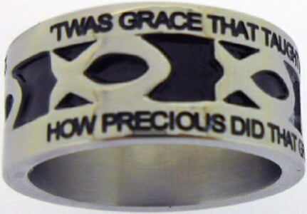 Silver Stainless Steel-Amazing Grace-Ichthus- Ring