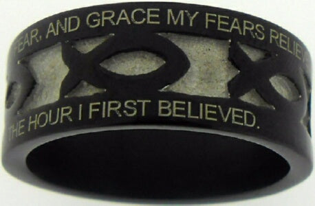 Black Stainless Steel-Amazing Grace-Ichthus-S Ring - Size 8