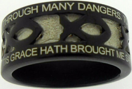 Black Stainless Steel-Amazing Grace-Ichthus-S Ring- Size 10