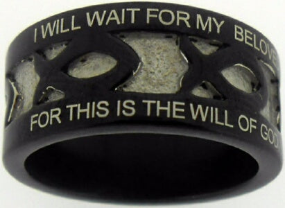 Ring-Black Stainless Steel-Purity-Ichthus-Style 620-Size 8-I WILL WAIT FOR MY BELOVED