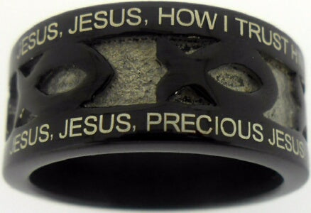 Ring-Black Stainless Steel-Tis So Sweet To Trust In Jesus-Ichthus-Style 624-Size 8