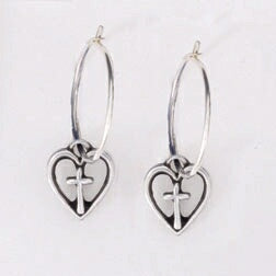 Open Heart w/Cross Hoop-Pewter (Carded) Earring