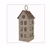 Lantern House-Gray & Rust Tall w/LED Candle & Timer (13.25 x 5.25 x 5.25)