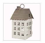 Lantern House-White & Gray Scalloped w/LED Votive (8.25 x 4.5 x 4.5)