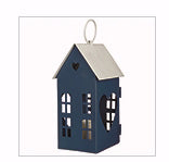 Lantern House-Blue & White Heart w/LED Votive (8.25 x 3.25 x 4)